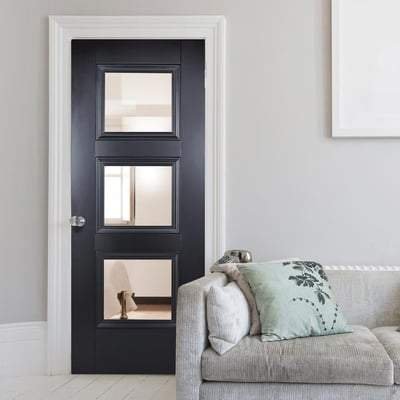 Amsterdam Black Primed 3 Glazed Clear Bevelled Light Panel Interior Door – All Sizes